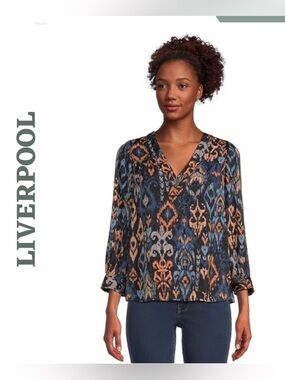 Liverpool Los Angeles Ikat V-Neck Blouse XS NWT